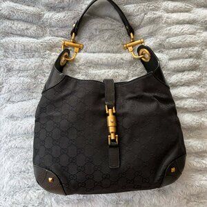 GUCCI Nailhead Jackie GG Monogram Black Canvas w Gold Hardware